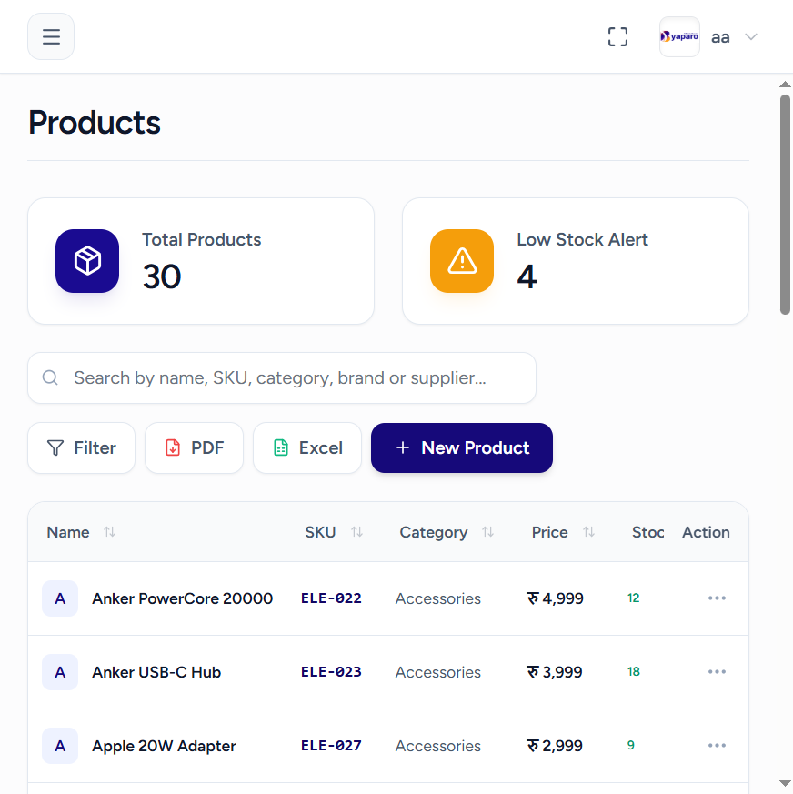 Byaparo Products — shop management software screenshot