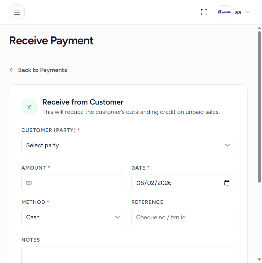 Byaparo Receive Payment — shop management software screenshot